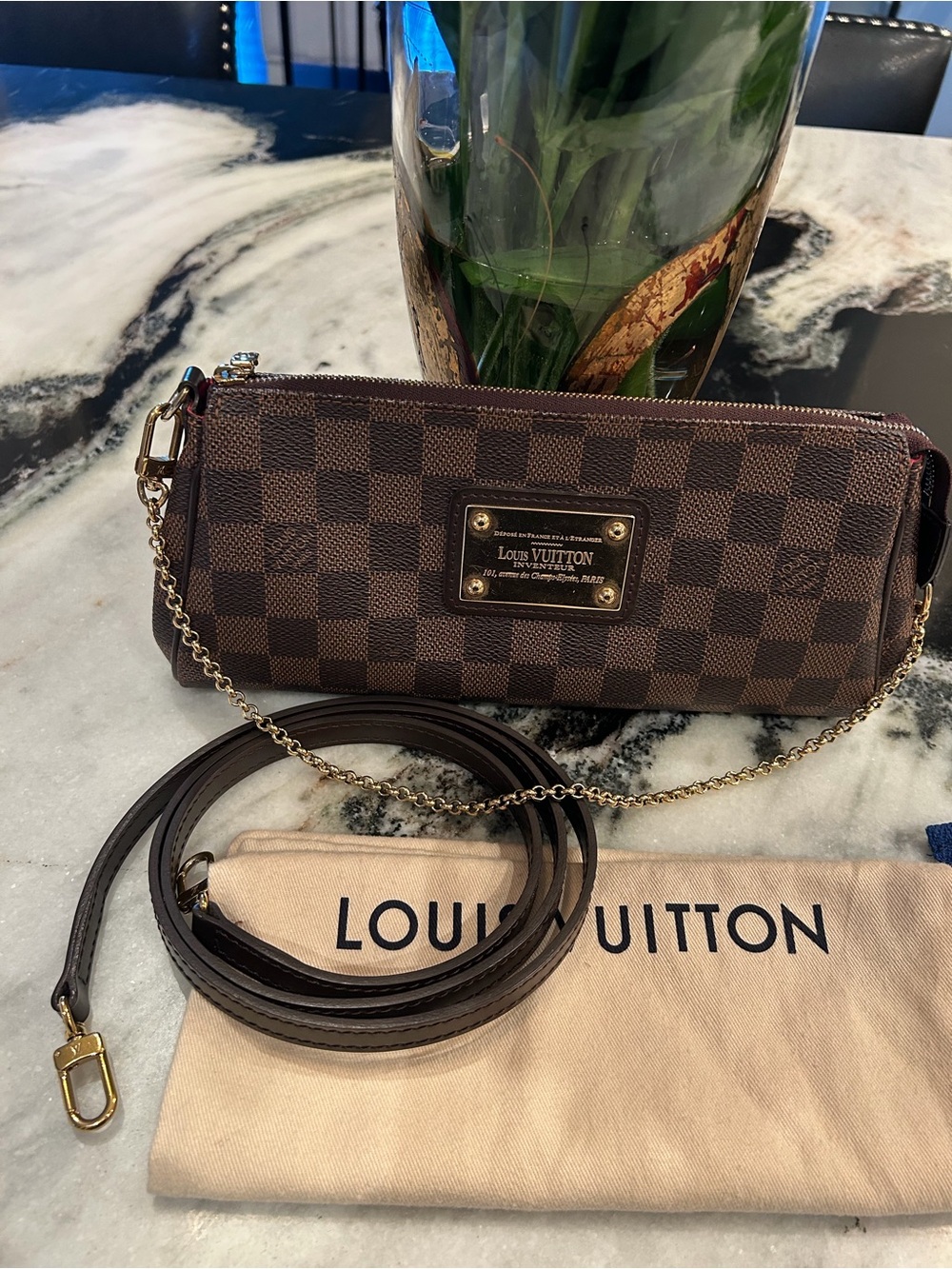 Louis Vuitton Brown Damier Ebene Eva Crossbody with Gold Hardware